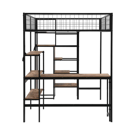 Cama alta 140x200 cm - estrutura em ferro - com secretária e prateleiras - Preto