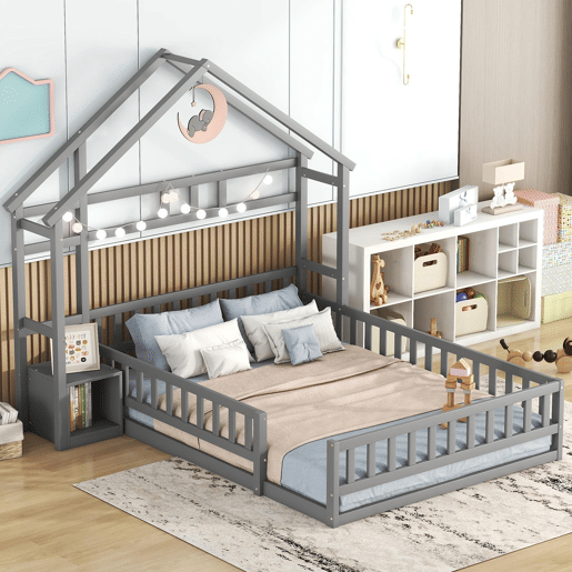 Cama de cabina para crianças 140x200 cm com mesa de cabeceira e grades de proteção - estrado - Cinzento