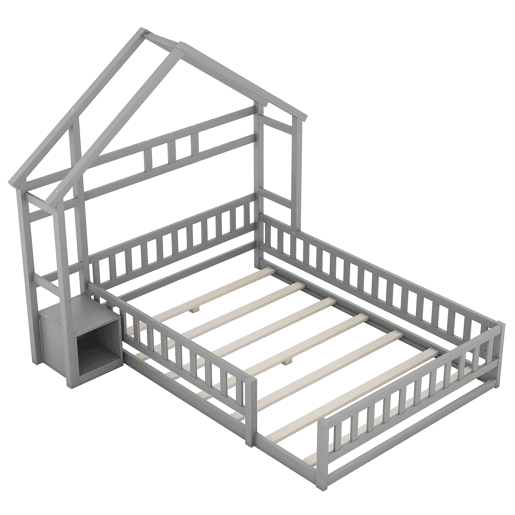 Cama de cabina para crianças 140x200 cm com mesa de cabeceira e grades de proteção - estrado - Cinzento