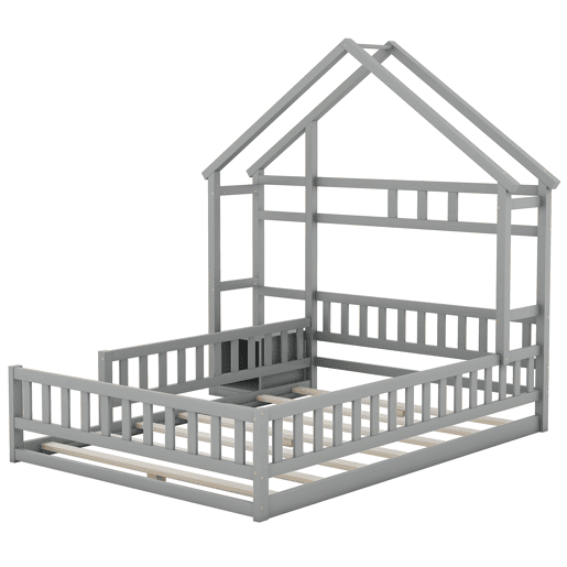 Cama de cabina para crianças 140x200 cm com mesa de cabeceira e grades de proteção - estrado - Cinzento