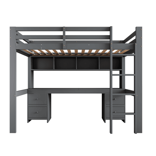 Cama mezzanine 90x200 cm - com secretária e 2 cómodas - pinho maciço e MDF - Cinzento
