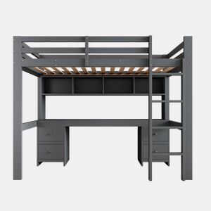 Cama mezzanine 90x200 cm - com secretária e 2 cómodas - pinho maciço e MDF - Cinzento