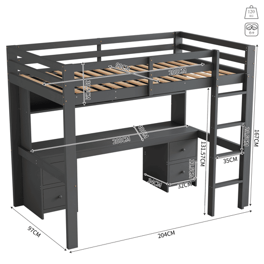 Cama mezzanine 90x200 cm - com secretária e 2 cómodas - pinho maciço e MDF - Cinzento