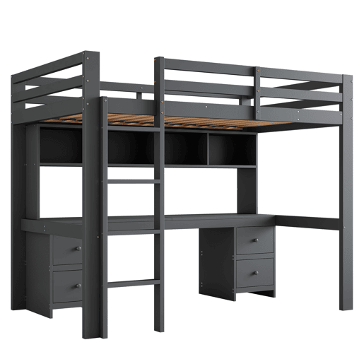 Cama mezzanine 90x200 cm - com secretária e 2 cómodas - pinho maciço e MDF - Cinzento