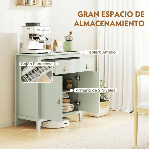 HOMCOM Aparador de 2 Portas Moderno com Gaveta, Prateleira Ajustável e Puxadores em PU para Sala de Jantar ou Entrada 80x40x90 cm Verde Claro