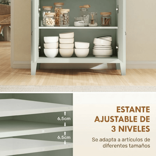 HOMCOM Aparador de 2 Portas Moderno com Gaveta, Prateleira Ajustável e Puxadores em PU para Sala de Jantar ou Entrada 80x40x90 cm Verde Claro