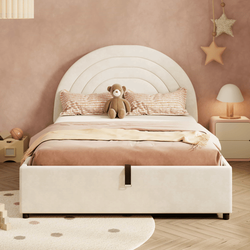 Cama estofada 140x200 - base de ripas de madeira, cabeceira, montagem fácil, adequada para crianças, jovens e adultos, veludo - bege