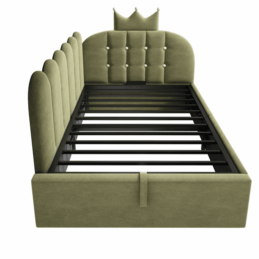 Cama estofada e sofá-cama 90x200 cm - com arrumação hidráulica, cama de dia, formato em L, veludo, design com estrutura em grelha - verde Cama estofada e sofá-cama 90x200 cm - com arrumação hidráulica, cama de dia, formato em L, veludo, design com estrutura em grelha - verde