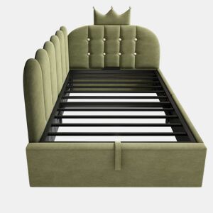 Cama estofada e sofá-cama 90x200 cm - com arrumação hidráulica, cama de dia, formato em L, veludo, design com estrutura em grelha - verde