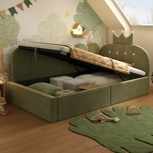 Cama estofada e sofá-cama 90x200 cm - com arrumação hidráulica, cama de dia, formato em L, veludo, design com estrutura em grelha - verde Cama estofada e sofá-cama 90x200 cm - com arrumação hidráulica, cama de dia, formato em L, veludo, design com estrutura em grelha - verde