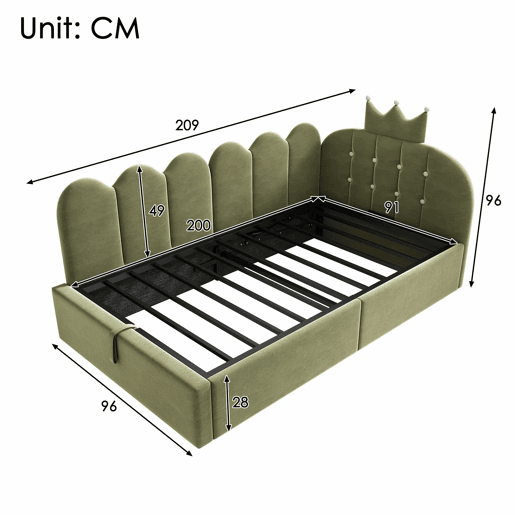 Cama estofada e sofá-cama 90x200 cm - com arrumação hidráulica, cama de dia, formato em L, veludo, design com estrutura em grelha - verde Cama estofada e sofá-cama 90x200 cm - com arrumação hidráulica, cama de dia, formato em L, veludo, design com estrutura em grelha - verde