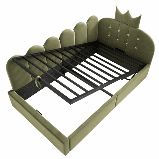 Cama estofada e sofá-cama 90x200 cm - com arrumação hidráulica, cama de dia, formato em L, veludo, design com estrutura em grelha - verde Cama estofada e sofá-cama 90x200 cm - com arrumação hidráulica, cama de dia, formato em L, veludo, design com estrutura em grelha - verde