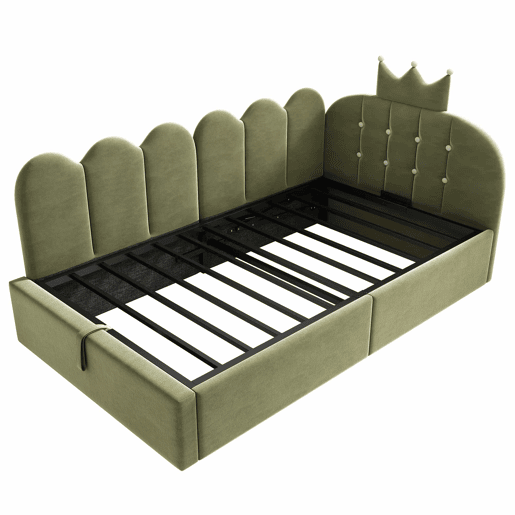 Cama estofada e sofá-cama 90x200 cm - com arrumação hidráulica, cama de dia, formato em L, veludo, design com estrutura em grelha - verde Cama estofada e sofá-cama 90x200 cm - com arrumação hidráulica, cama de dia, formato em L, veludo, design com estrutura em grelha - verde