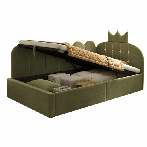 Cama estofada e sofá-cama 90x200 cm - com arrumação hidráulica, cama de dia, formato em L, veludo, design com estrutura em grelha - verde Cama estofada e sofá-cama 90x200 cm - com arrumação hidráulica, cama de dia, formato em L, veludo, design com estrutura em grelha - verde