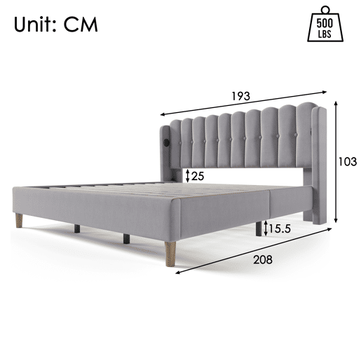 Cama estofada em linho 180x200 cm - com portas de carga e estrado - Cinzento