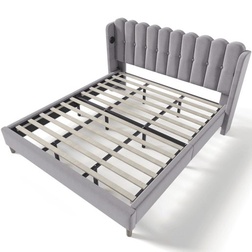 Cama estofada em linho 180x200 cm - com portas de carga e estrado - Cinzento