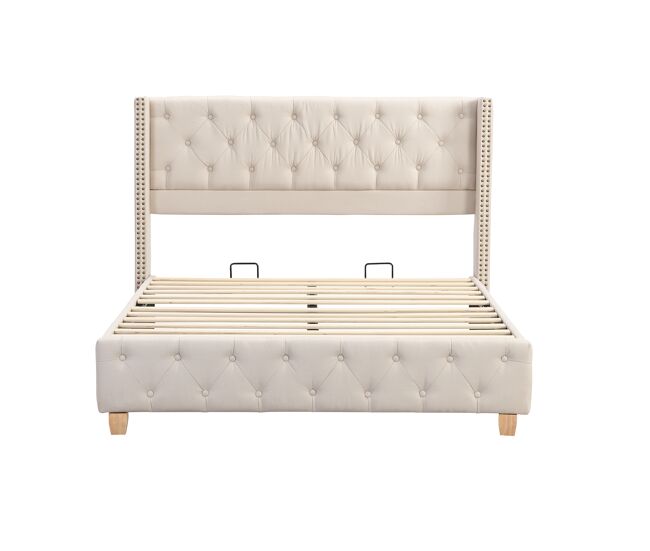 Cama para adultos acolchada de lino - 160x200 cm - con somier - beige