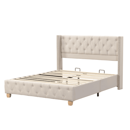 Cama de adulto estofada em linho - 160x200 cm - com estrado de molas - Bege
