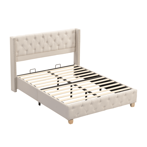 Cama de adulto estofada em linho - 160x200 cm - com estrado de molas - Bege
