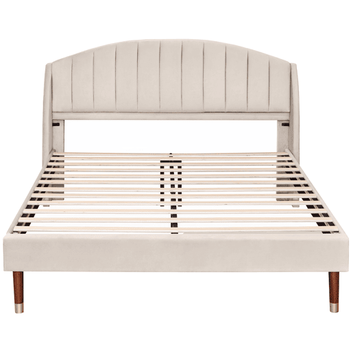 Cama estofada 160x200cm em veludo com estrado de ripas - Bege