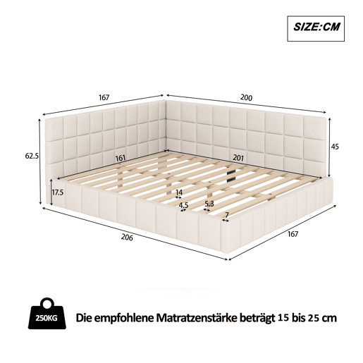 Cama de adulto 160x200cm em veludo com estrado de ripas e estrado de ripas - Bege