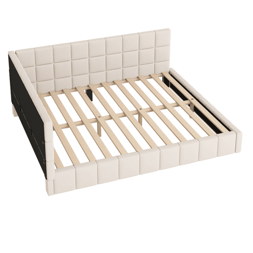 Cama de adulto 160x200cm em veludo com estrado de ripas e estrado de ripas - Bege