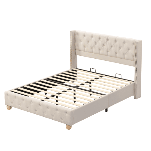 Cama de adulto estofada em linho - 140x190 cm - com estrado de molas - Bege