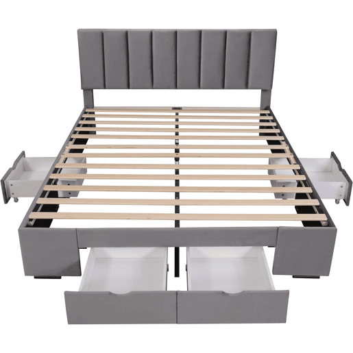 Cama de adulto estofada em veludo 160x200cm com 4 gavetas + cabeceira regulável + estrado de molas - Cinzento