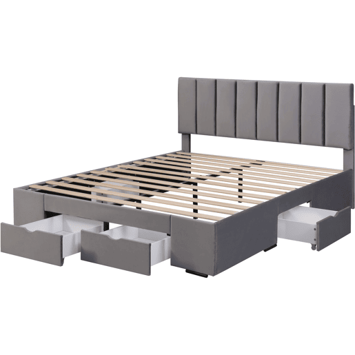 Cama de adulto estofada em veludo 160x200cm com 4 gavetas + cabeceira regulável + estrado de molas - Cinzento