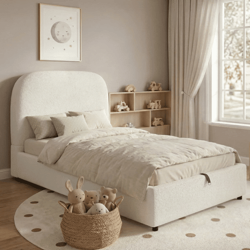 Cama individual 90x200 cm - funcional, com sistema hidráulico, cabeceira e amplo espaço de arrumação - bege bouclé