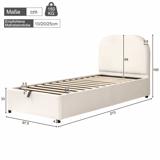Cama individual 90x200 cm - funcional, com sistema hidráulico, cabeceira e amplo espaço de arrumação - bege bouclé