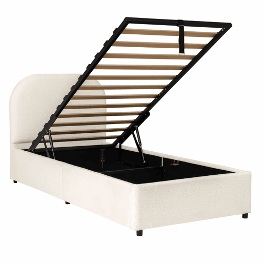 Cama individual 90x200 cm - funcional, com sistema hidráulico, cabeceira e amplo espaço de arrumação - bege bouclé