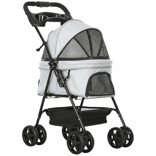 PawHut Carrinho para Cães Dobrável Carrinho para Cães Pequenos com 4 Rodas EVA Rodas Giratórias e Travão Cesto Correias de Segurança Capota Ajustável Suporte para Copos e Janelas 67x45x96 cm Cinzento Claro PawHut Carrinho para Cães Dobrável Carrinho para Cães Pequenos com 4 Rodas EVA Rodas Giratórias e Travão Cesto Correias de Segurança Capota Ajustável Suporte para Copos e Janelas 67x45x96 cm Cinzento Claro