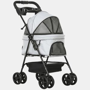 PawHut Carrinho para Cães Dobrável Carrinho para Cães Pequenos com 4 Rodas EVA Rodas Giratórias e Travão Cesto Correias de Segurança Capota Ajustável Suporte para Copos e Janelas 67x45x96 cm Cinzento Claro