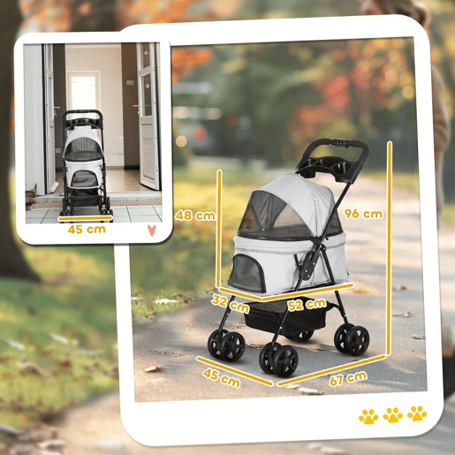 PawHut Carrinho para Cães Dobrável Carrinho para Cães Pequenos com 4 Rodas EVA Rodas Giratórias e Travão Cesto Correias de Segurança Capota Ajustável Suporte para Copos e Janelas 67x45x96 cm Cinzento Claro PawHut Carrinho para Cães Dobrável Carrinho para Cães Pequenos com 4 Rodas EVA Rodas Giratórias e Travão Cesto Correias de Segurança Capota Ajustável Suporte para Copos e Janelas 67x45x96 cm Cinzento Claro