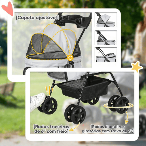 PawHut Carrinho para Cães Dobrável Carrinho para Cães Pequenos com 4 Rodas EVA Rodas Giratórias e Travão Cesto Correias de Segurança Capota Ajustável Suporte para Copos e Janelas 67x45x96 cm Cinzento Claro PawHut Carrinho para Cães Dobrável Carrinho para Cães Pequenos com 4 Rodas EVA Rodas Giratórias e Travão Cesto Correias de Segurança Capota Ajustável Suporte para Copos e Janelas 67x45x96 cm Cinzento Claro