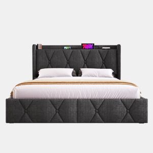 Cama estofada em linho 140x200cm - com 4 gavetas e portas de carregamento USB - Cinzento (colchão não incluído)