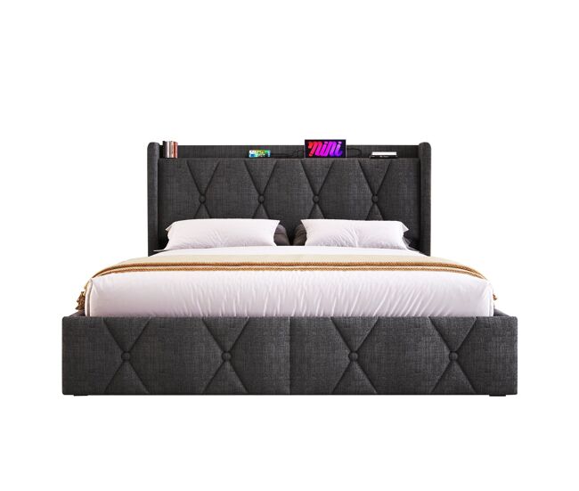 Cama acolchada de lino 140x200cm - con 4 cajones y puertos de carga usb - gris (colchón no incluido)