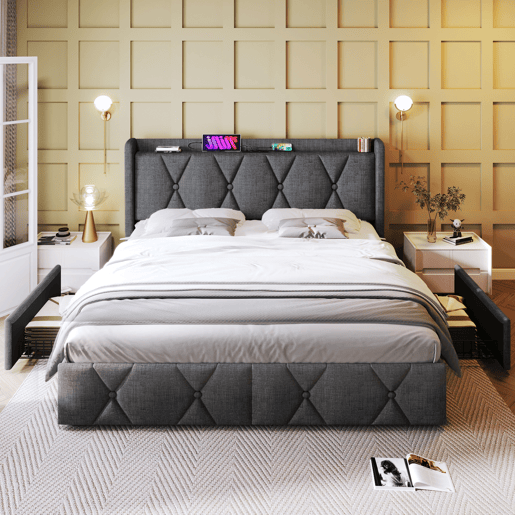 Cama estofada em linho 140x200cm - com 4 gavetas e portas de carregamento USB - Cinzento (colchão não incluído)