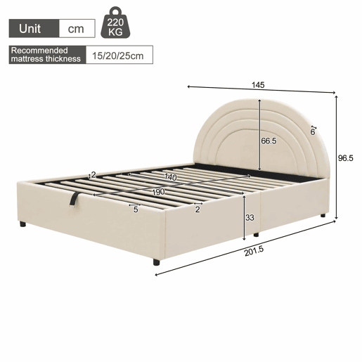 Cama estofada 140x190 - com base, cabeceira, ripas de madeira, montagem fácil, para jovens e adultos - Bege