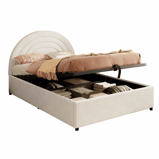 Cama estofada 140x190 - com base, cabeceira, ripas de madeira, montagem fácil, para jovens e adultos - Bege