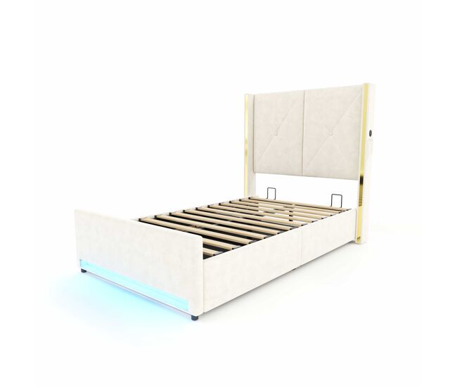 Cama de terciopelo 90×200cm - cabecero alto, suave y acolchado, bolsillos laterales, usb y led, sistema hidráulico y gran espacio de almacenamiento