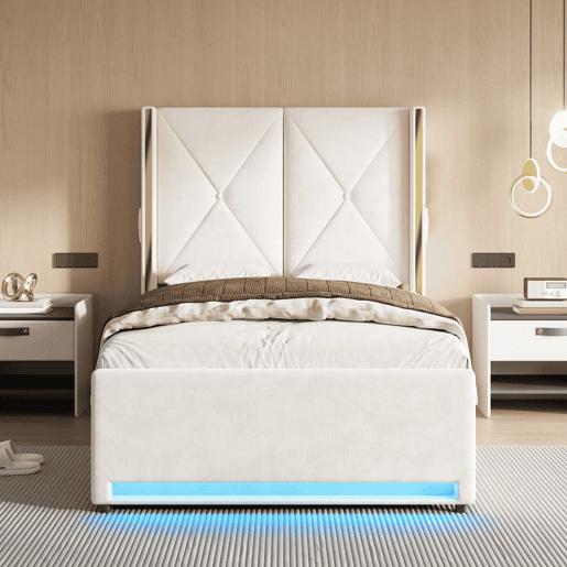 Cama de veludo 90×200 cm - Cabeceira alta, macia e acolchoada, bolsos laterais, USB e LED, sistema hidráulico e amplo espaço de arrumação debaixo da cama - Bege Cama de veludo 90×200 cm - Cabeceira alta, macia e acolchoada, bolsos laterais, USB e LED, sistema hidráulico e amplo espaço de arrumação debaixo da cama - Bege