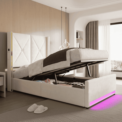 Cama de veludo 90×200 cm - Cabeceira alta, macia e acolchoada, bolsos laterais, USB e LED, sistema hidráulico e amplo espaço de arrumação debaixo da cama - Bege Cama de veludo 90×200 cm - Cabeceira alta, macia e acolchoada, bolsos laterais, USB e LED, sistema hidráulico e amplo espaço de arrumação debaixo da cama - Bege