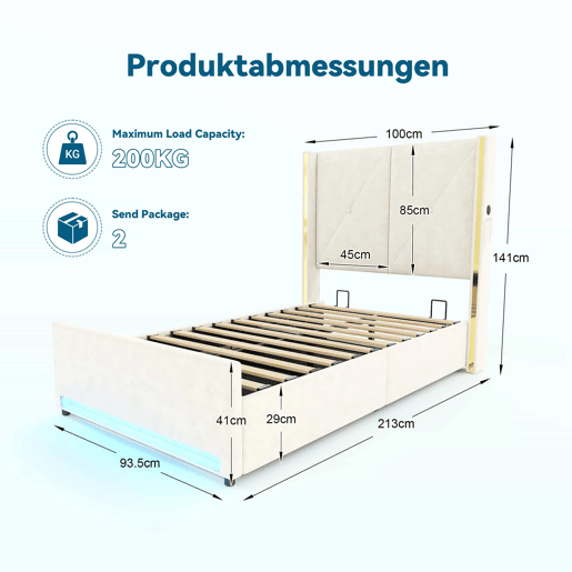 Cama de veludo 90×200 cm - Cabeceira alta, macia e acolchoada, bolsos laterais, USB e LED, sistema hidráulico e amplo espaço de arrumação debaixo da cama - Bege Cama de veludo 90×200 cm - Cabeceira alta, macia e acolchoada, bolsos laterais, USB e LED, sistema hidráulico e amplo espaço de arrumação debaixo da cama - Bege