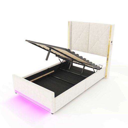 Cama de veludo 90×200 cm - Cabeceira alta, macia e acolchoada, bolsos laterais, USB e LED, sistema hidráulico e amplo espaço de arrumação debaixo da cama - Bege Cama de veludo 90×200 cm - Cabeceira alta, macia e acolchoada, bolsos laterais, USB e LED, sistema hidráulico e amplo espaço de arrumação debaixo da cama - Bege