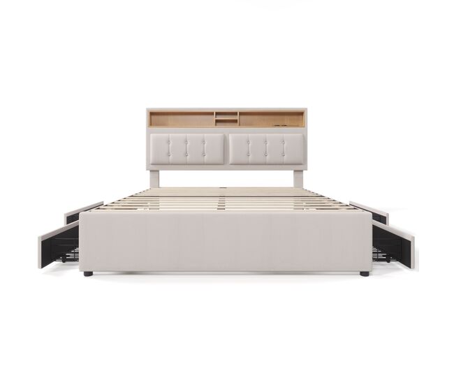 Cama de adulto tapizada con 4 cajones y puerto de carga usb - 140x200cm - tela de lino - beige