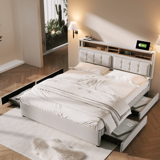Cama de adulto estofada com 4 gavetas e porta de carregamento USB - 140x200cm - Tecido de linho - Bege