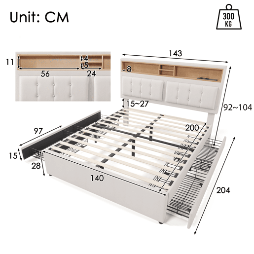 Cama de adulto estofada com 4 gavetas e porta de carregamento USB - 140x200cm - Tecido de linho - Bege