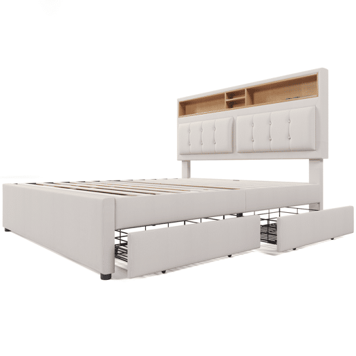 Cama de adulto estofada com 4 gavetas e porta de carregamento USB - 140x200cm - Tecido de linho - Bege